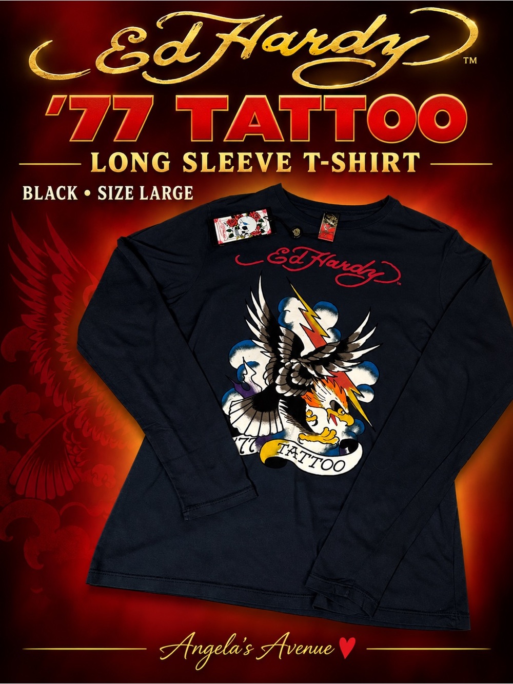 Ed Hardy Black Long Sleeve '77 Tattoo Tee with Eagle Graphic NEW